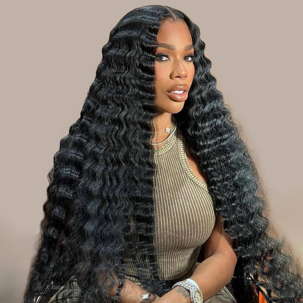 32 34 Inch Deep Wave Lace Front Wigs Human Hair Pre Plucked 13x6 Deep Wave HD Lace Frontal Wigs Human Hair Curly Wigs for Women 180% Density Deep Curly Wigs With Baby Hair