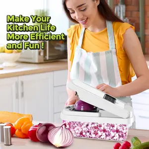 12-in-1 Vegetable Chopper – Multifunctional Food Chopper with 7 Blades, Professional Onion & Vegetable Cutter with Container for Salad, Potato, Carrot & Garlic – Essential Kitchen Tool (White)