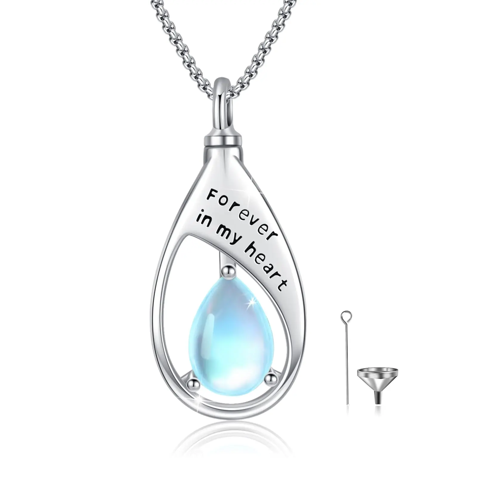 DRINSPER 925 Real Silver Urn Necklace, Cremation Jewelry with Artificial Moonstone Teardrop, Ashes Keepsake Silver Necklaces & Pendants, 925 Real Silver Silver Necklaces & Pendants