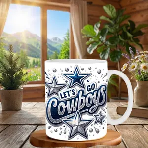Let’s Go Cowboys 11oz Mug, Glitter Star Football Fan Typography Design, Ceramic Coffee Cup, Game Day Gift for Cowboys Fans or Sports Lovers