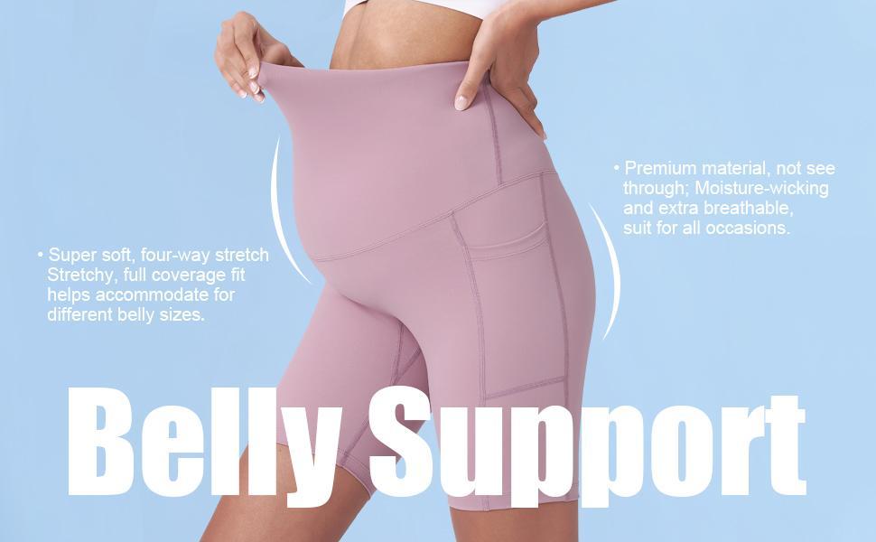 POSHDIVAH Women's Maternity Yoga Shorts with Pockets High Waist 8" for Summer Workout and Active Use