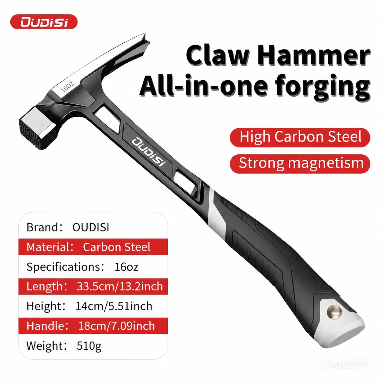 One-piece Forged High Carbon Steel Right Angle Claw Hammer, Shock Absorb Non-slip Handle, Multi-purpose for Woodworking, Home Repair & Nail Pulling