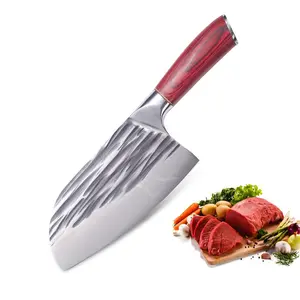 Serbian Chef Butcher Knife - Hand-ForgedHigh Carbon Steel 7in Full Tang Blade with Ergonomic Red Accent Handle, Cleaver for Meat, BBQ, Camping &Kitchen - Professional & Outdoor Chopping Knife forHome Cooks