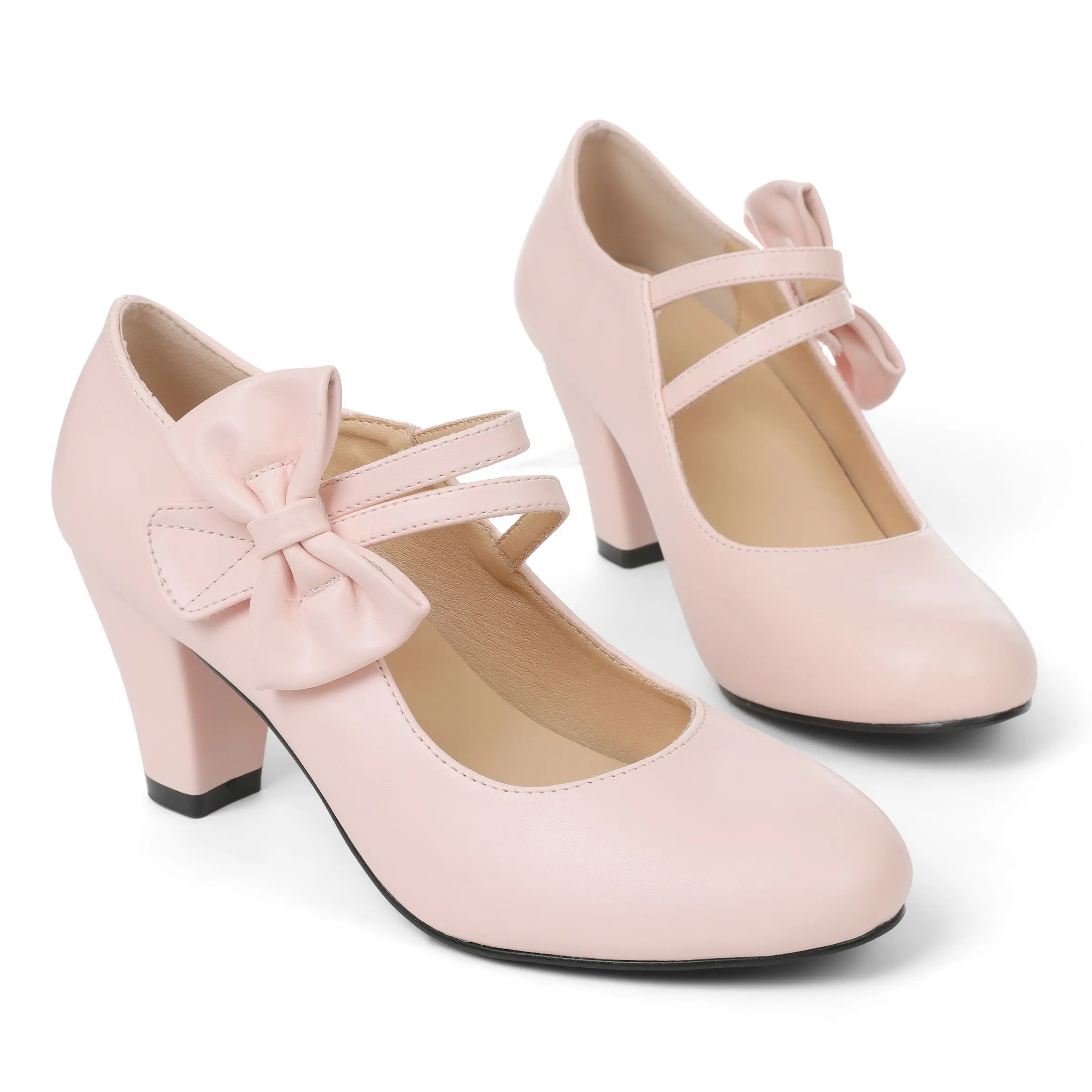 Women's Mary Jane Pumps with Bowtie Strap, Classy Round Toe PU Leather Kitten Heels, Formal Bridal Dress Shoes with Hook and Loop Closure, Footwear, Stylish, Casual, Hook Loop