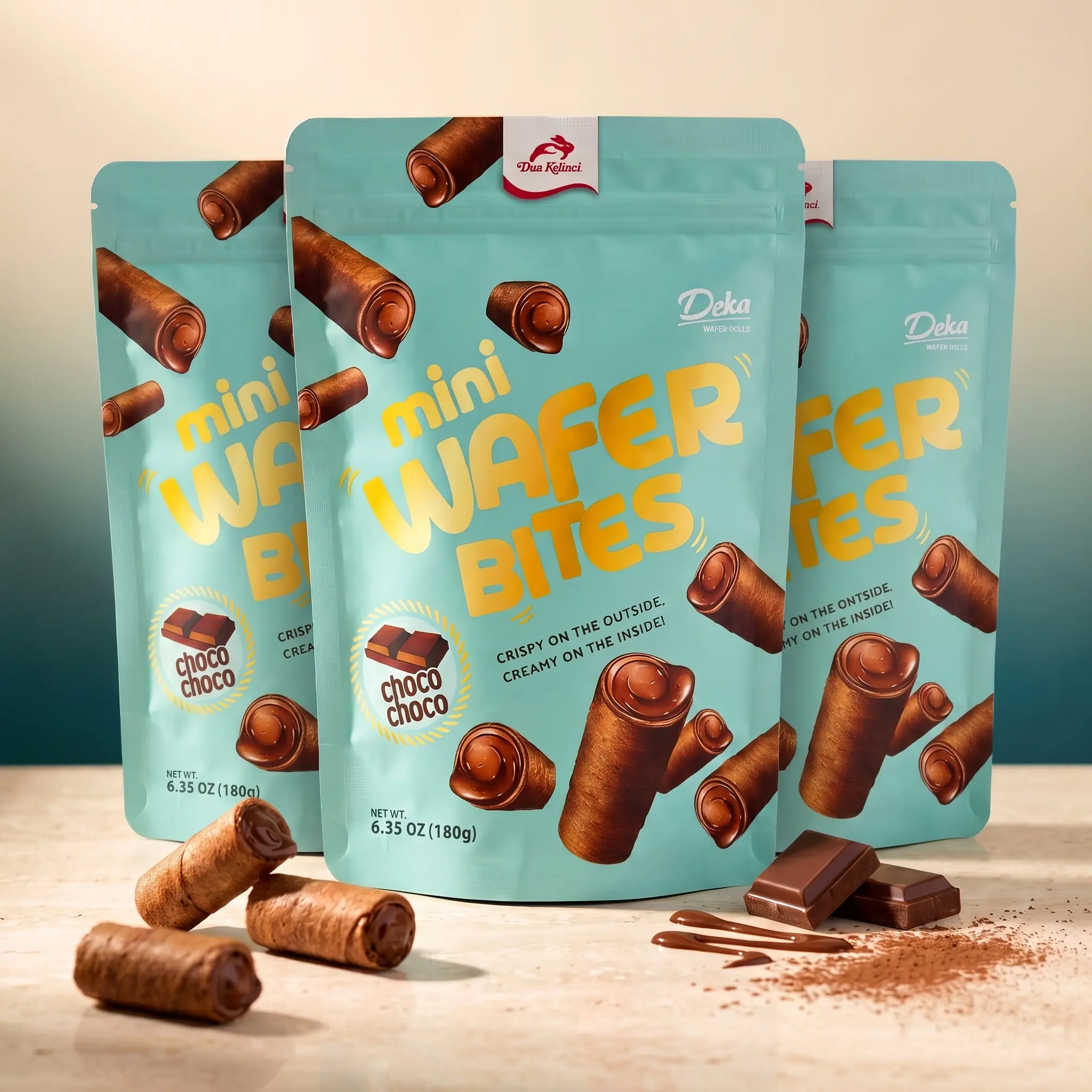 Deka Mini Wafer Bites Choco-Choco 6.35 oz Bag, 3 Pack Creme Filled Rolled Wafer Snack