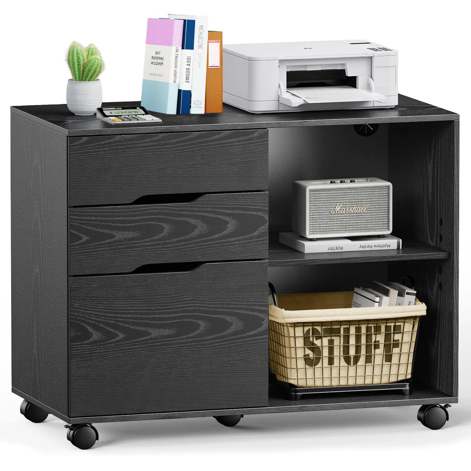 Modern 3-Drawer Lateral Rolling File Cabinet - Multi-Functional Indoor Cupboard with Open Storage Shelves, Mobile Home Office Desk Printer Stand, Room Storage Small Room Organization Products