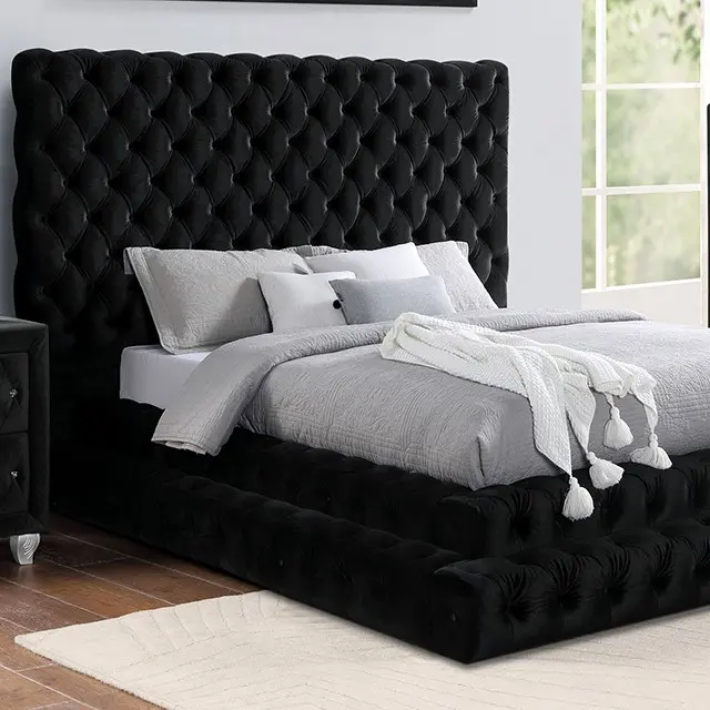 Rosdorf Park Neilsen Stefania CM7227BK Black Queen Upholstered Bedroom Set - Padded Tufted Flannelette, Nail Head Trim, Tall Ornate Headboard Queen Bed Frame for Elegant Indoor Bedroom Use