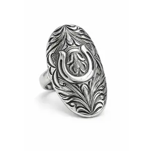 Lucky Spur Western Horseshoe Statement Ring with Engraved Floral Pattern Vintage Silver Finish for Cowgirl Style and Rodeo Outfits