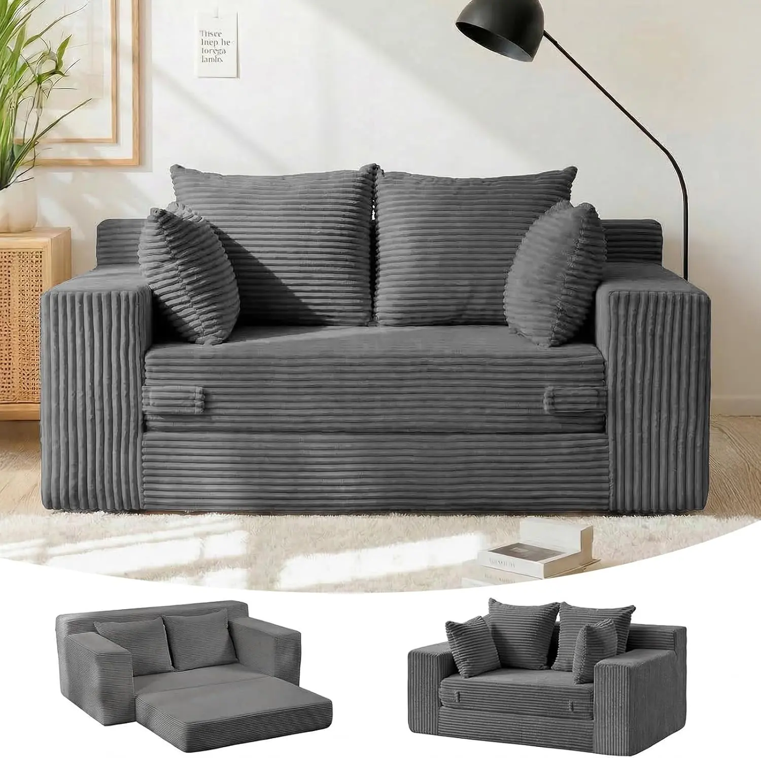 55" Corduroy Boneless Floor Couch - 3-in-1 Multi-Functional Convertible Sofa Bed Loveseat Sleeper with 4 Throw Pillows, Ideal for Small Space Dorm Bedrooms