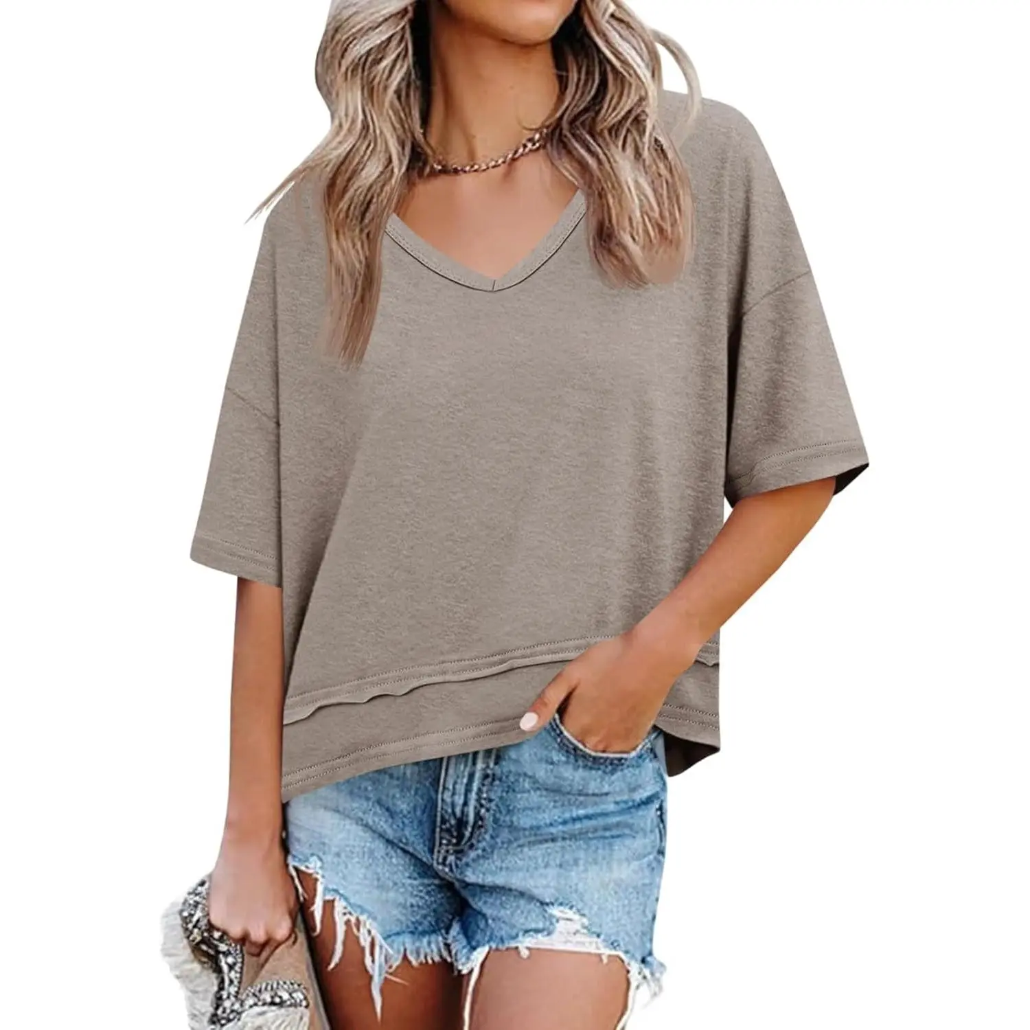 PiePieBuy Women's Oversized V-Neck Short Sleeve Tshirt - Soft Cotton Blend, Lightweight Breathable Women's Summer Tops for Casual Ootd, Basic Style Wardrobe Staples, Fabric, Elastane
