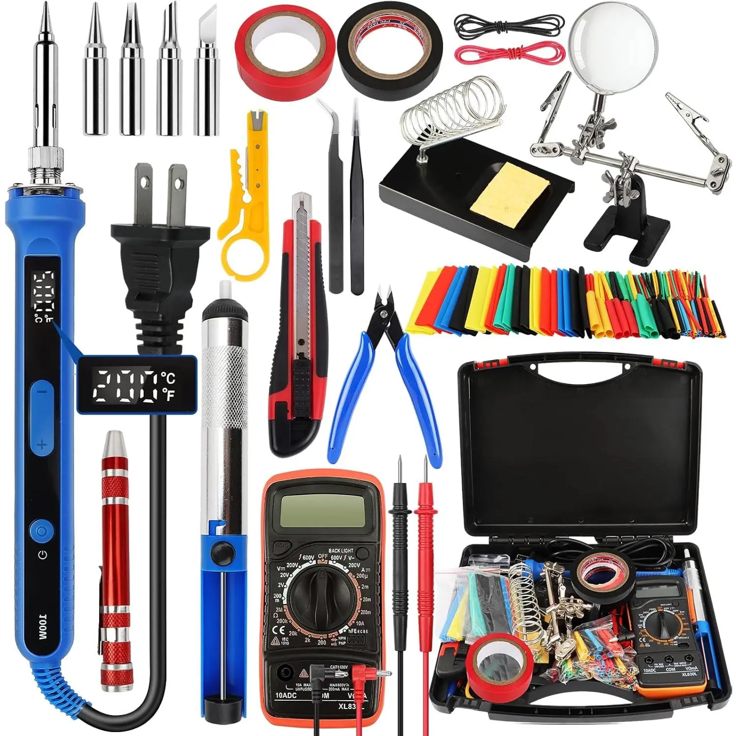 194PCS Soldering Iron Kit,100W Soldering Iron Temperature,Solder Wire,Stand,Desoldering Pump,Soldering Iron Kit for Electronics Hobby DIY 110V US Plug