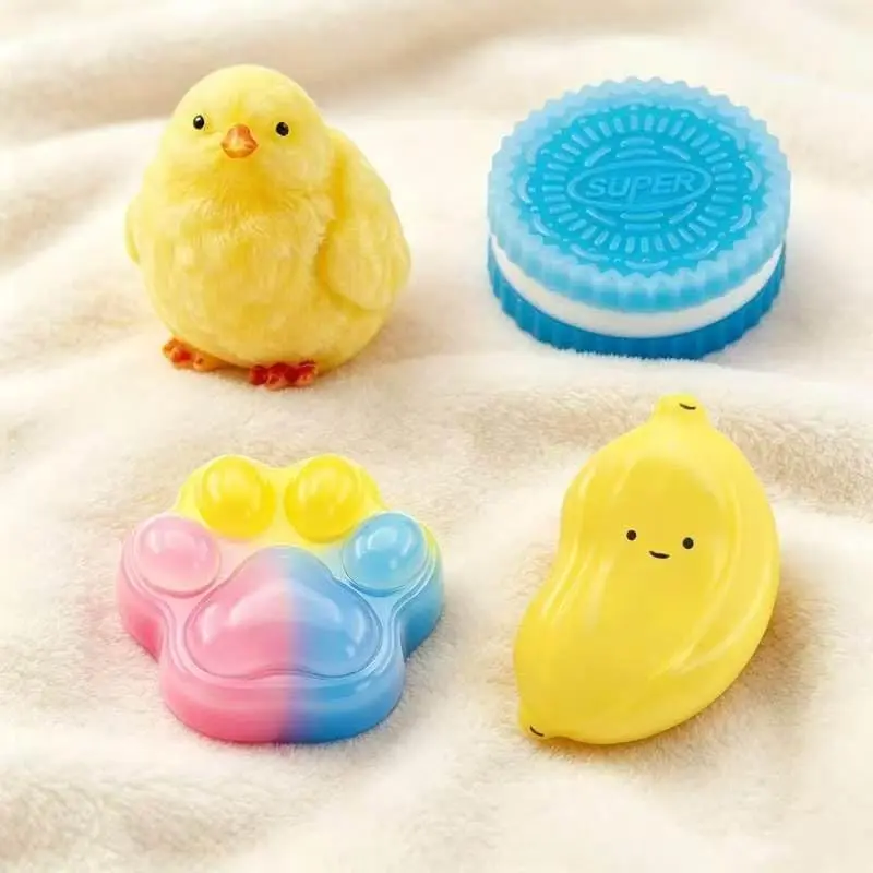 Halloween Fall Gift Packing Taba Squishy Paw, Sticky Chicken Taba Squishies Pack, Big Squishy Toys No Fuzz Chick Mochi Squeeze Toys Stress Relief Gift 4pcs (1 Chicken+1 Cookie+1 Cat Paw+1 Banana)