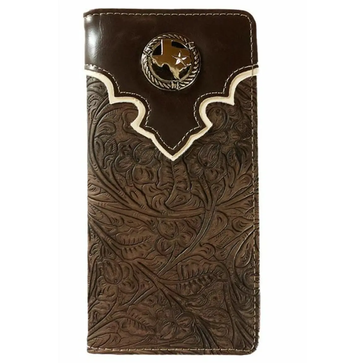 Texas State Men's Western Bifold Wallet Checkbook Style in Ostrich Brown Durable Material Bill Pockets