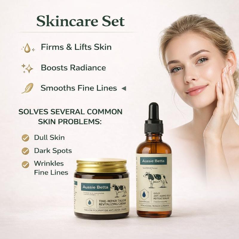 Aussie Betta High Performance Golden Micro-Peptide Tallow Serum & Time-Repair Tallow Revitalizing Cream 100g Anti Aging Collagen Retinol for Fine Lines Dark Spots No Irritation Skin Repair Rejuvenating