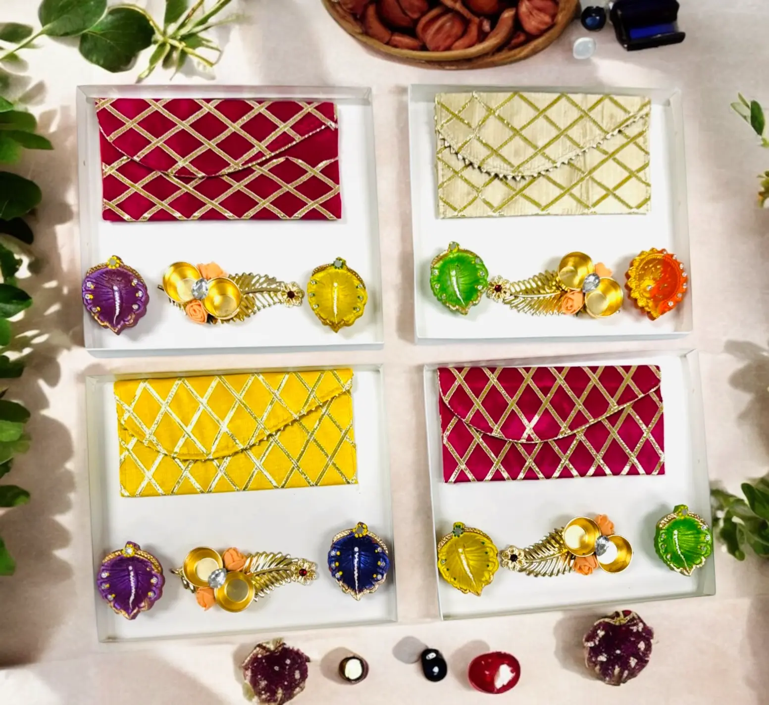 Ready-to-gift Combo includes Beautiful Pouch or Lifafa, Two Clay Handpainted Diya's & Golden Feather Haldi-Kumkum Plate with Gift Box- Set of 4 for Diwali or Indian Festivals or Occasions as Return Gift