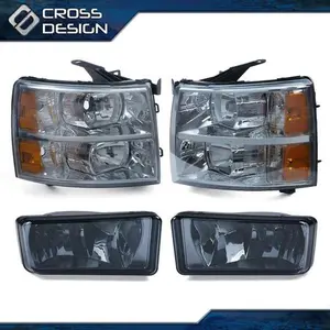 CROSSDESIGN Smoked Housing Headlights Lamps & Fog Lights Fit For 2007-14 Chevrolet Silverado