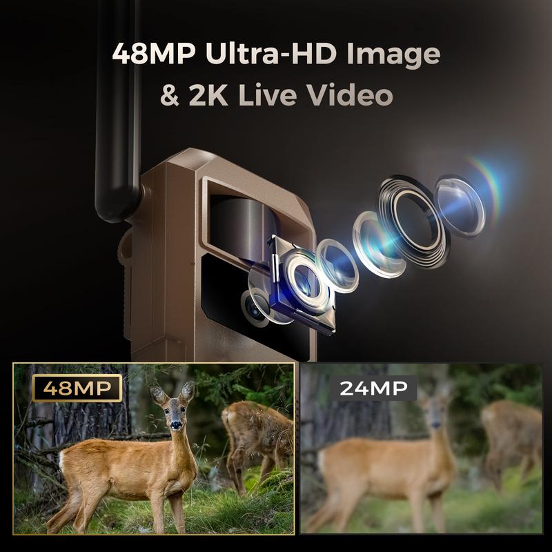 Solar-Powered 4G LTE Trail Camera – 48MP Image 2.7K Live View, Not Support WiFi/Wires, Remote App, Waterproof, Motion Activated,Night Vision, Includes 4G Data Card (Data Refill Required)