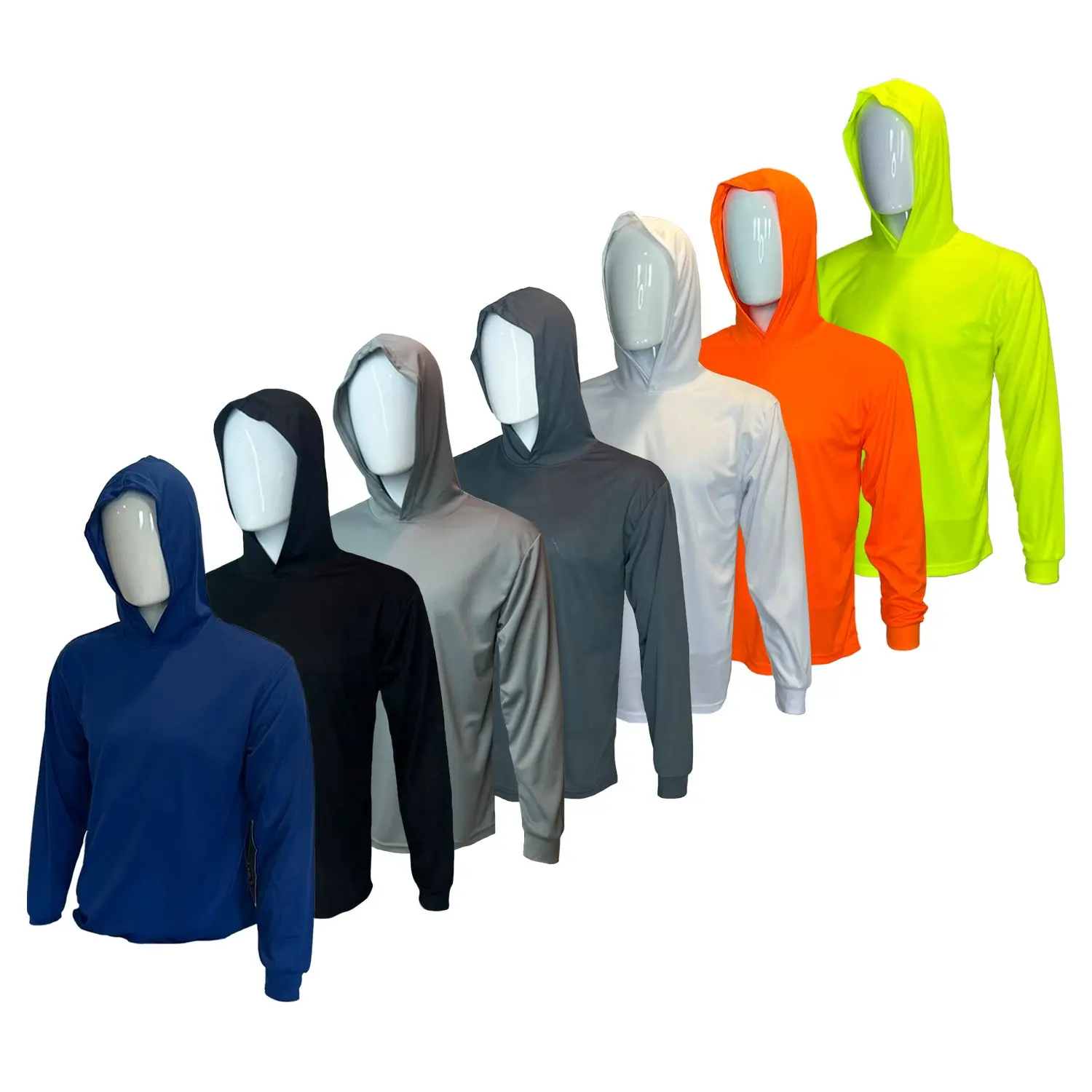 7 SHIRT PACK Hi Visibility ultra light weigh Long sleeve hoodie shirt / 100 % polyester birdeye Fabric for quick dry AVAIALBE IN VARIOUS COLORS