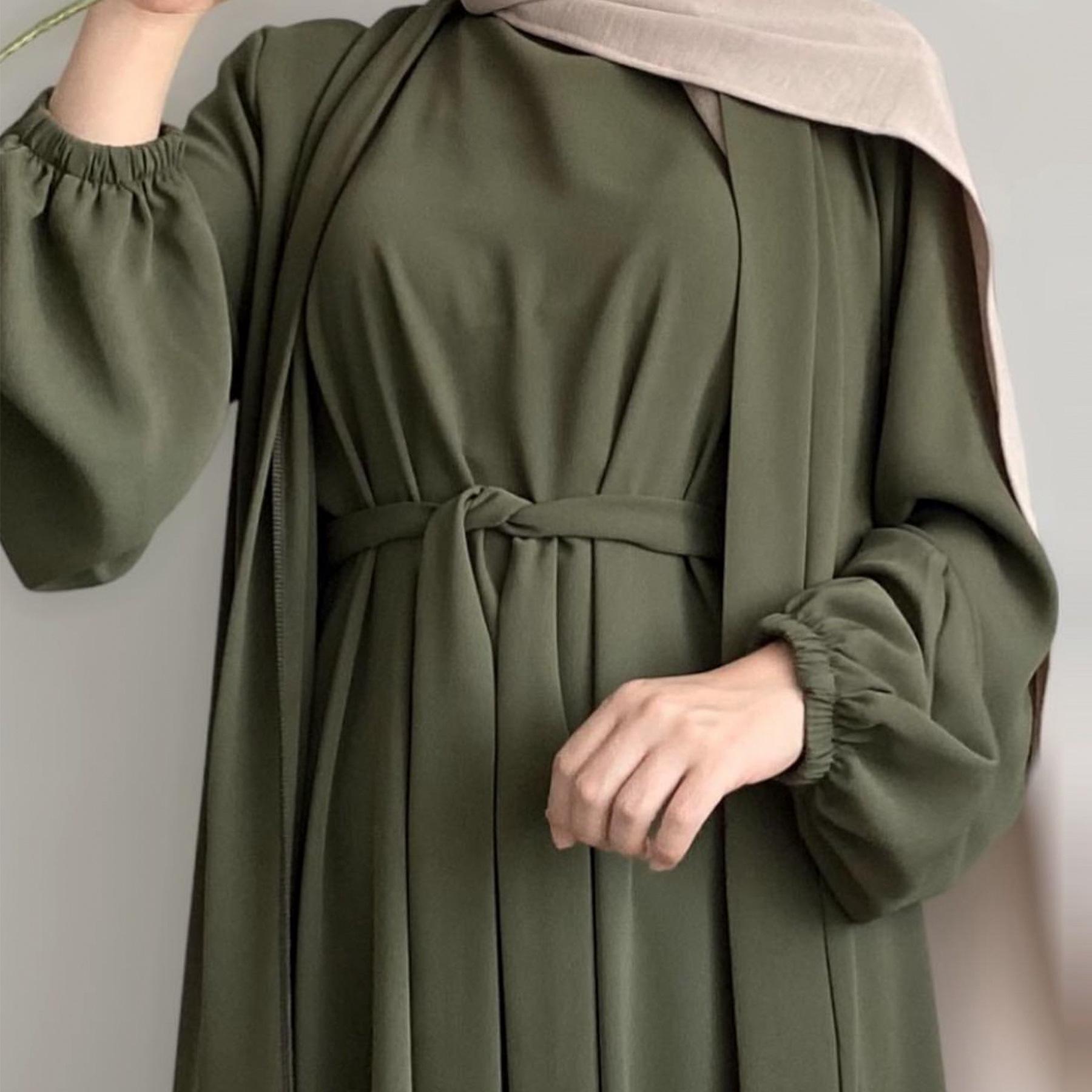 MOA092 Solid Color Elegant Open Abaya with Pockets 3-Piece Set for Women Breathable Fabric Full Length Jilbab Summer Outfits Modern Midi