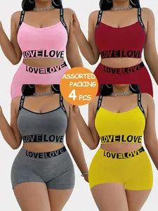 A Set of 4 Random Large-Sized Women'S Seamless Casual Underwear Featuring a 'LOVE' Design, Mid-Rise Tummy Control Shorts, Sexy Solid Color Soft And Comfortable Butt-Lifting Anti-Exposure Leggings, Breathable for Daily Casual Wear And
