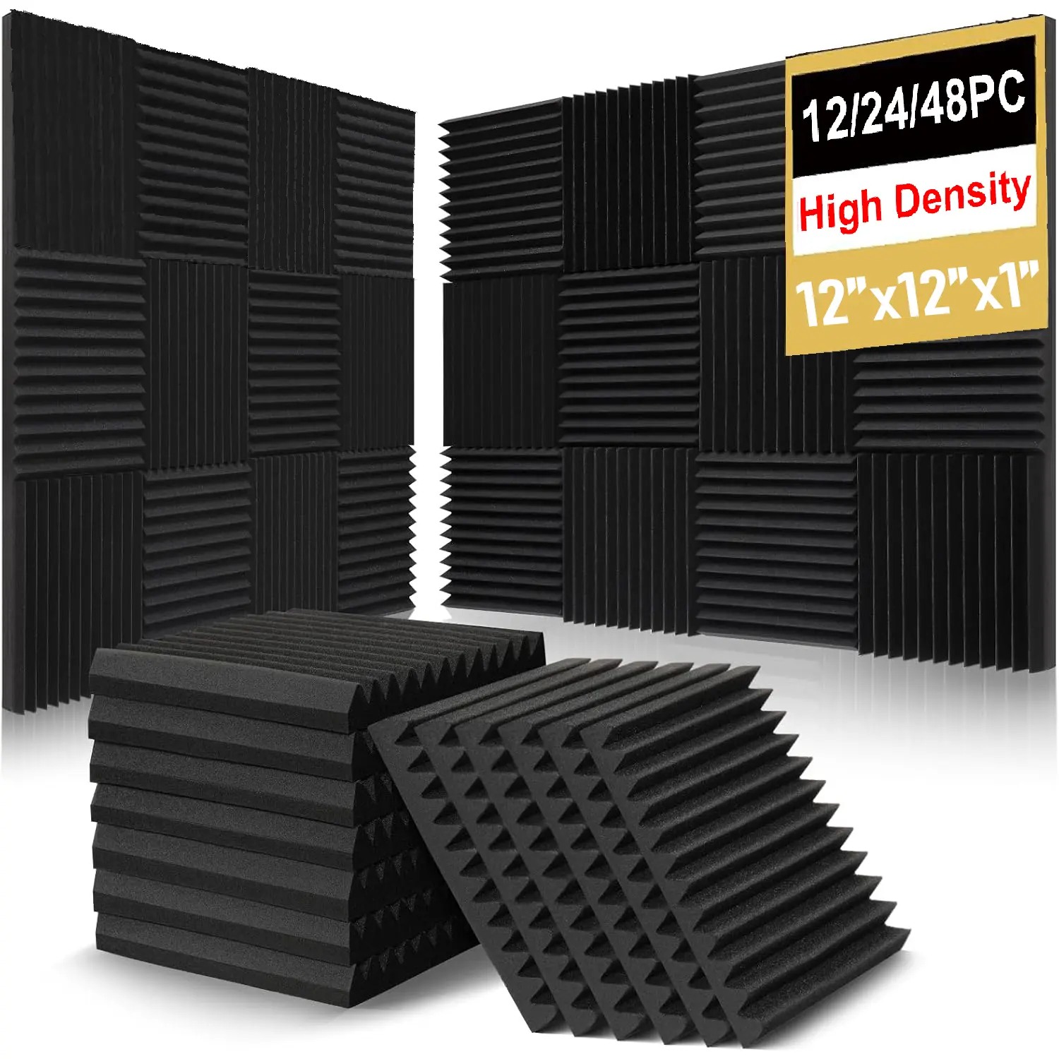 12/24/48Packs Adhesive-Free Acoustic Foam Panels Wedge 1"X12"X12" High Density 20kg/m³ Quick Recovery Sound Proof Foam Panels for Walls