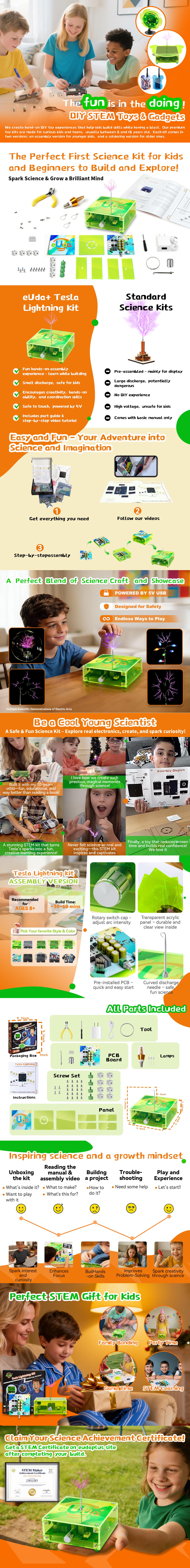 STEM Assembly Tesla Lightning Kit eUda+ – Easy DIY Electronic Science Kit – Unique STEM Gift for Kids – Fun Hands-On Learning & Building Toy