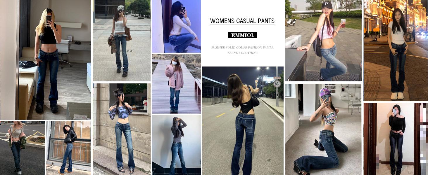 EMMIOL Women’s Y2K Vintage Denim Flare Jeans – Stretch Wide Leg Mid-Low Waist Casual Bootcut Jeans Outfit For Trendy Streetwear