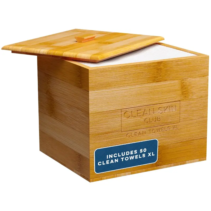 Clean Skin Club Luxe Bamboo container with Cover, includes 50 Clean Towels® XL Original disposable face towels