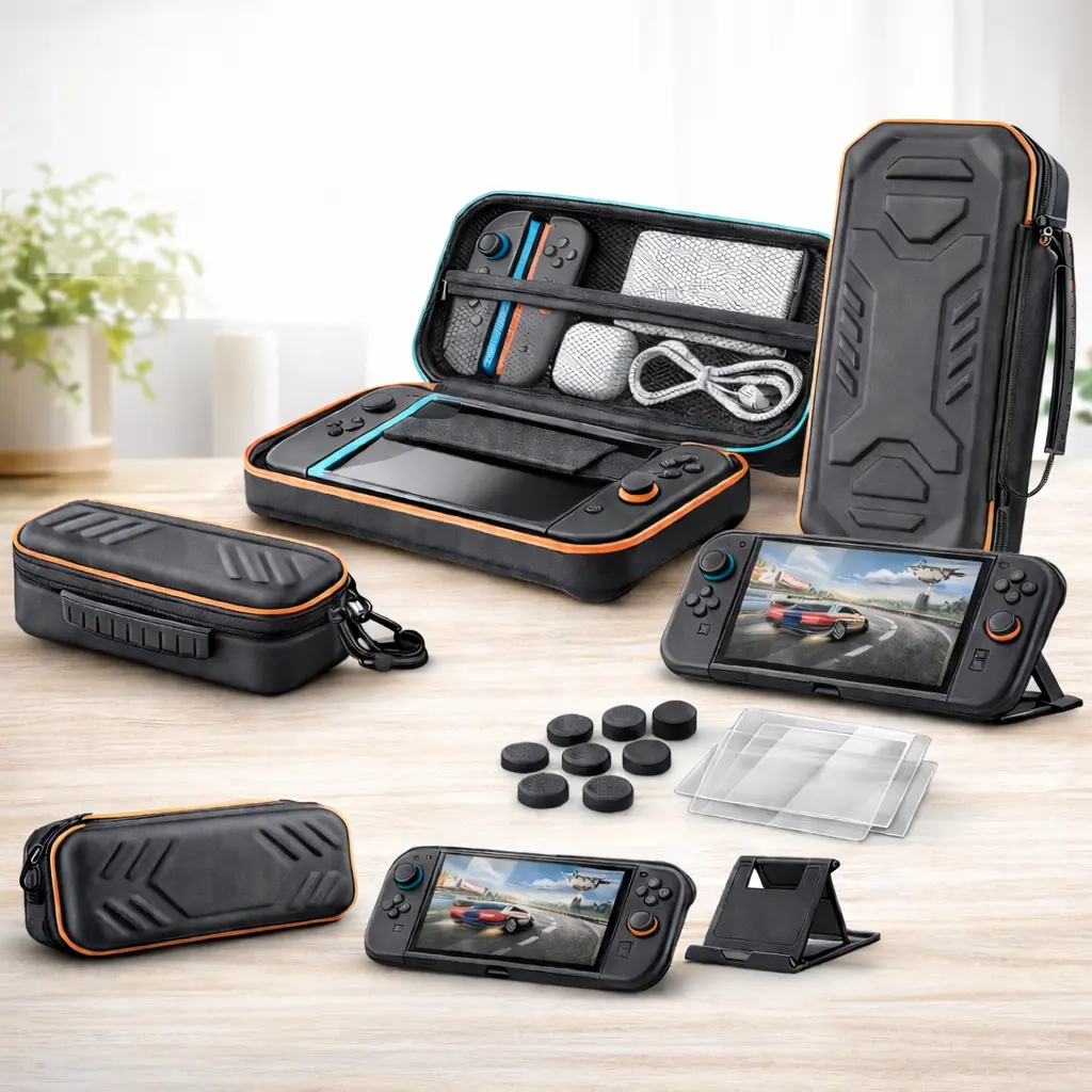 Hosanwell-Tech 13-in-1 Handheld Gaming Console Accessories Pack - Joy-Con Drift Fix Device with Adjustable Pad, Thumb Grip Caps, EVA Case, Tempered Glass Screen Protectors, Velvet-Lined Interior Carrying Case for Switch 2, Switch Lite Gift Set