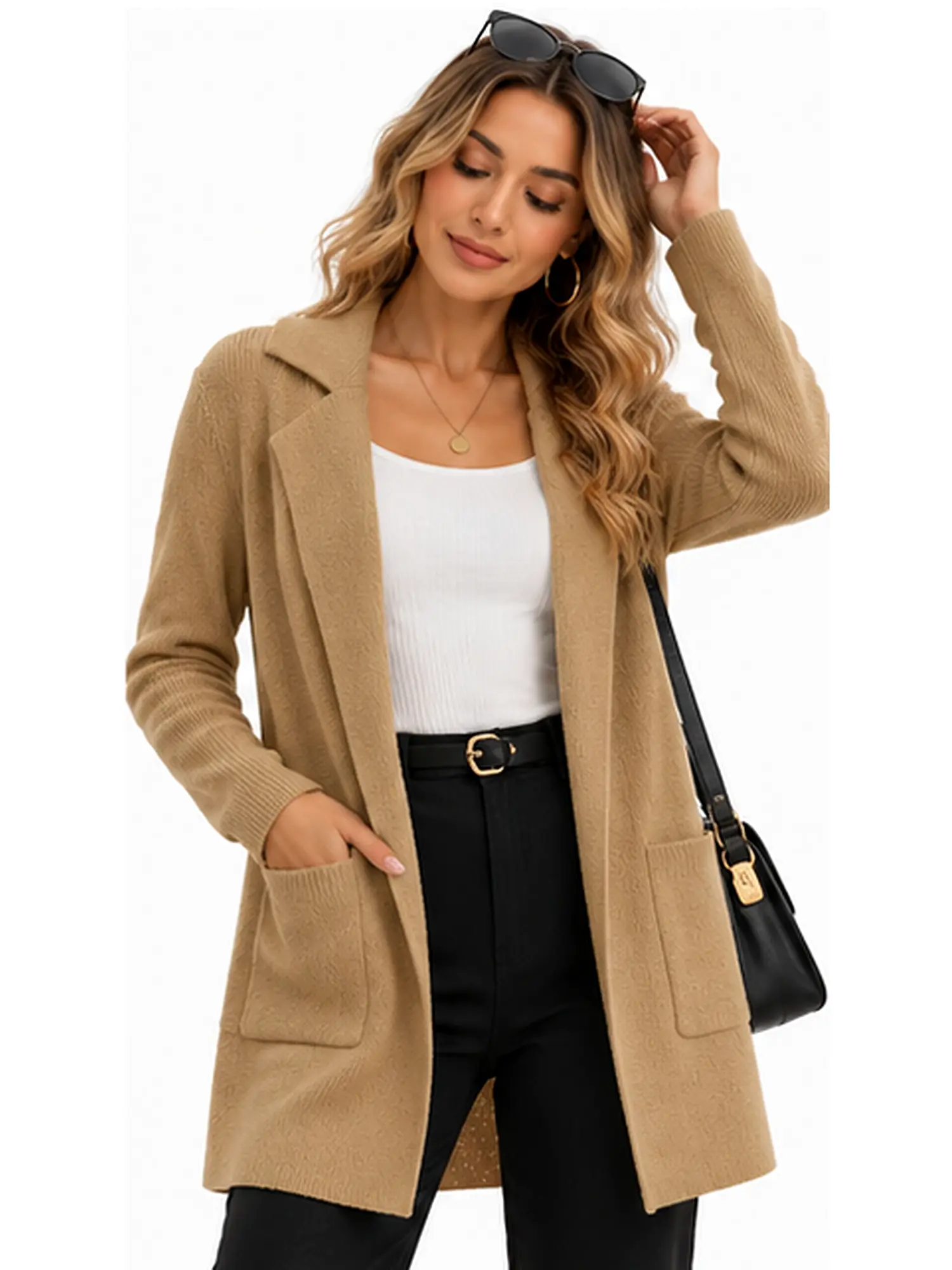 VIISHOW Feminine Women's Pocketed Cardie - Open Front, Long Sleeves, V Neck, Chunky Polyester Knit Casual Wear Top