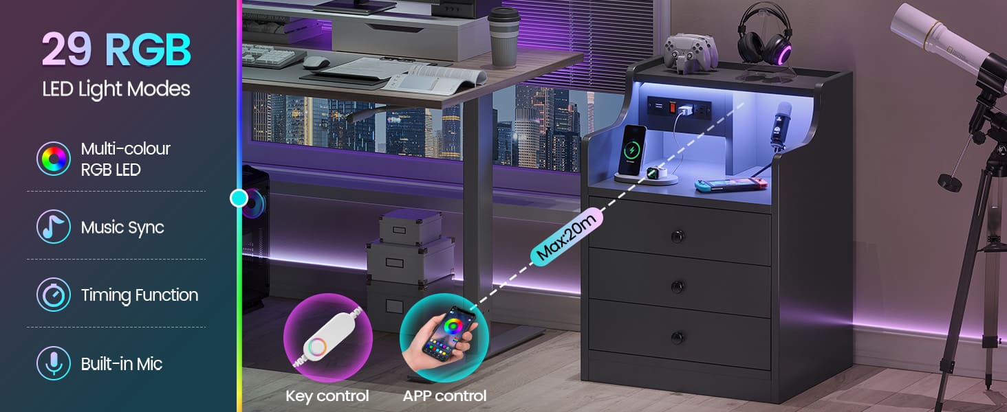 Sikaic Modern Minimal LED Nightstand Bedside with Hutch Drawers Charging Station Bedroom Furniture