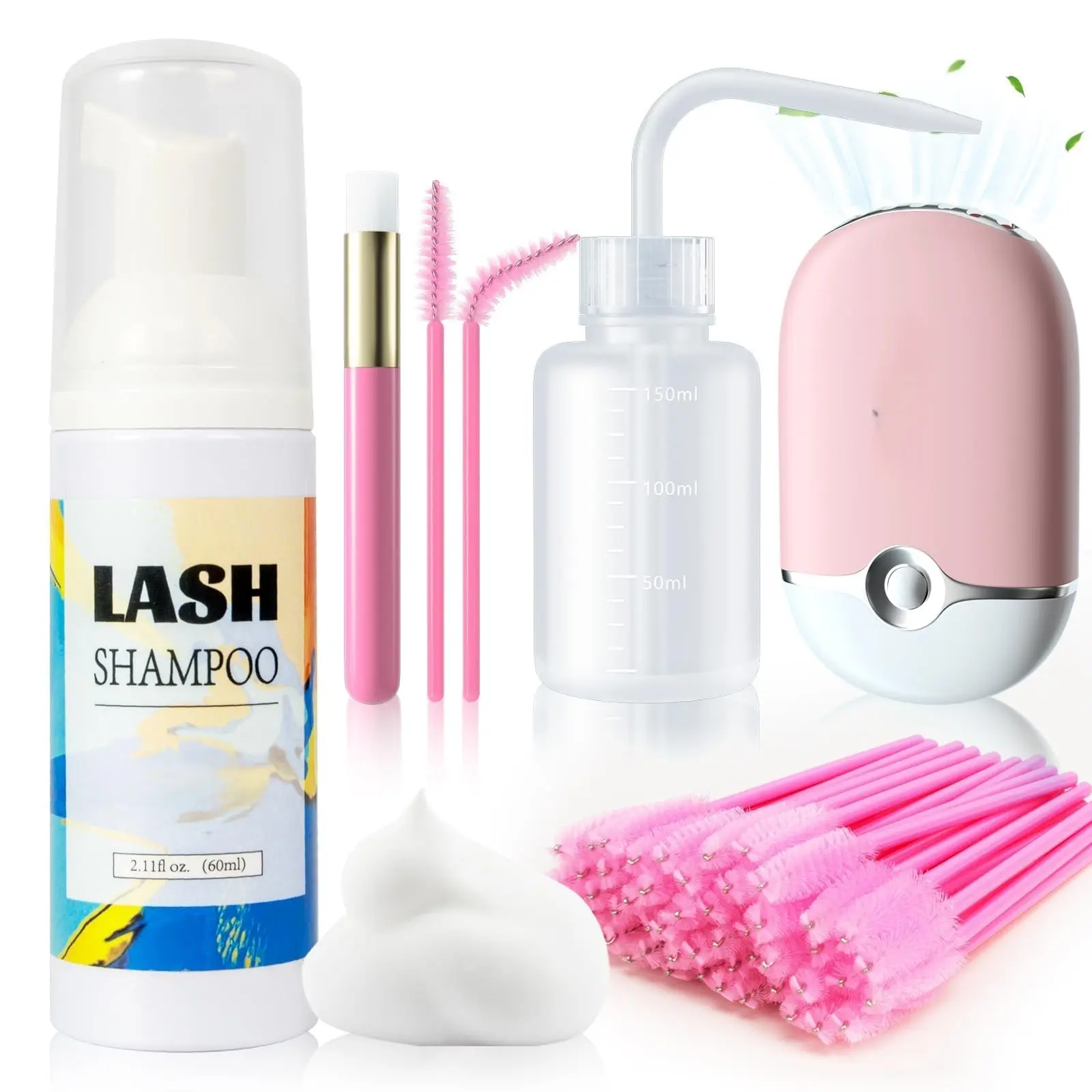 Eyelash Cleaning Kit with 60ML Gentle Foam Lash Shampoo & Makeup Remover for Daily Rinse and Extension Care - Includes Fan Brush, Rinse Bottle & 50 Mascara Brushes, Cleansing, Gentle Makeup Remover, Beauty Lovers, Maintain Lash Clarity, Support Lash Reten