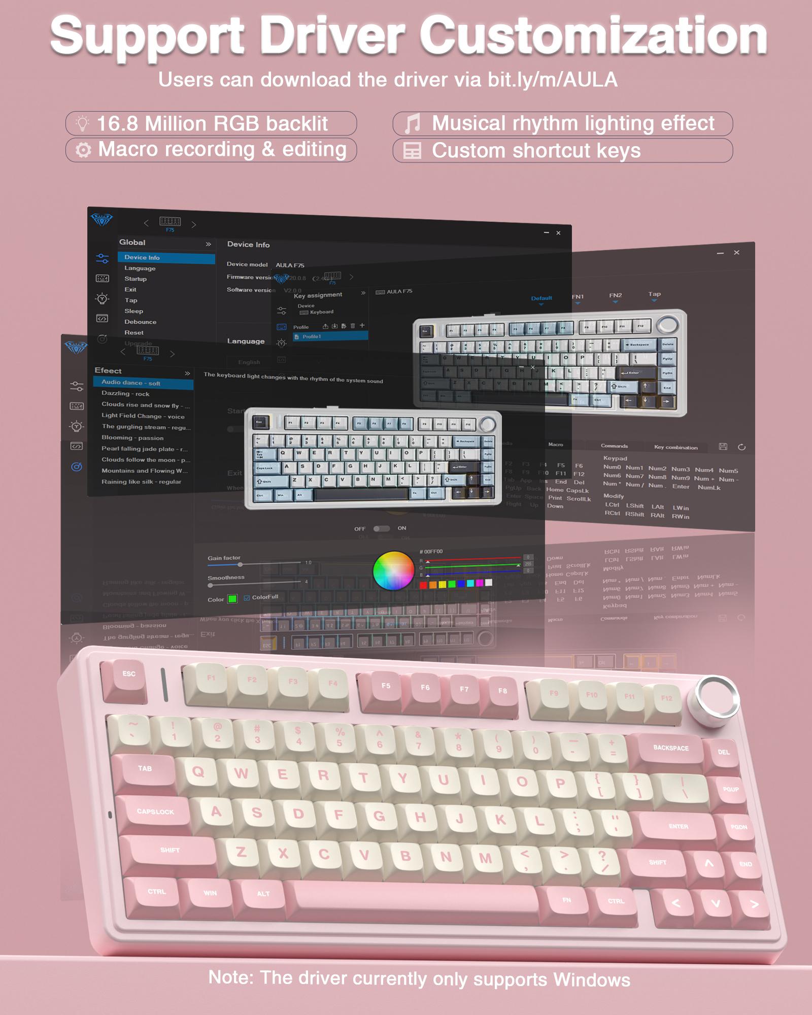 AULA F75 Cute Pink 75% Mechanical Wireless Keyboard – Creamy Sound, Pastel Desk Setup Aesthetic, Wireless Tri-Mode, Hot Swap, RGB Backlit Keyboard for Girls