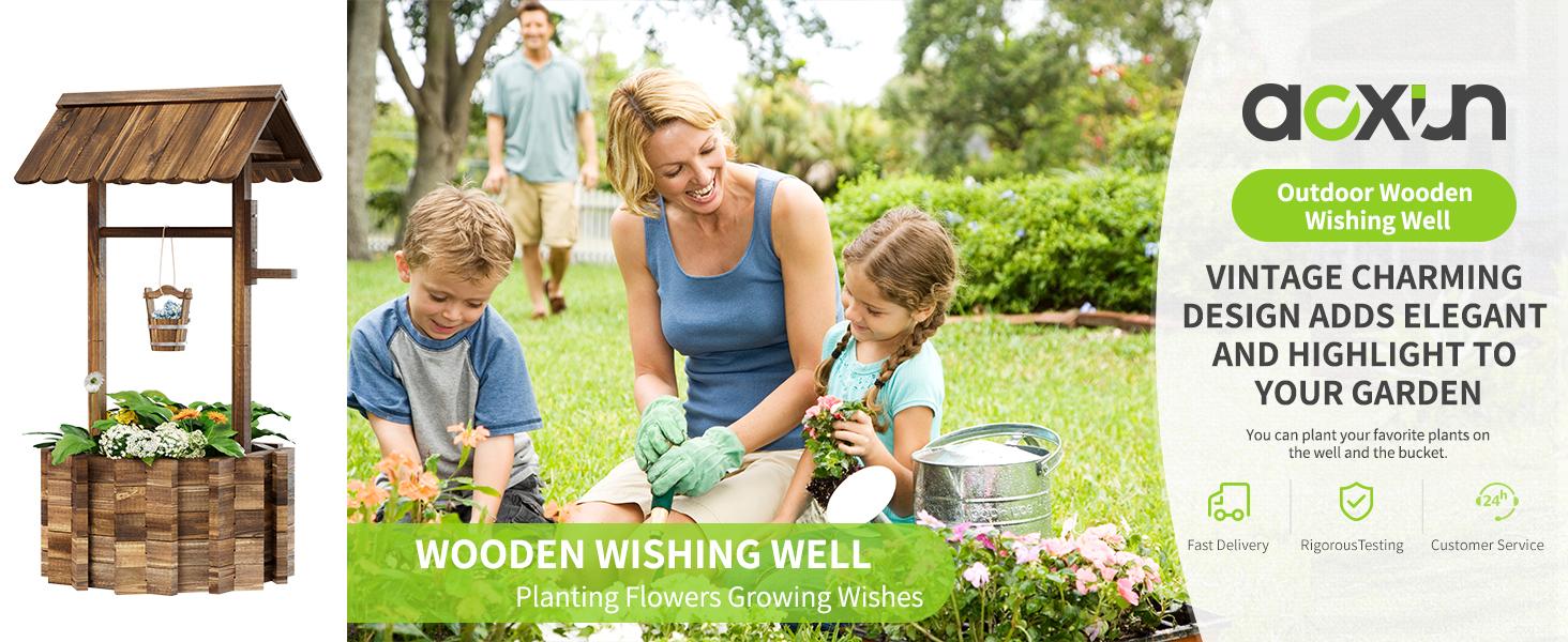 Outdoor Wooden Wishing Well Planter with Hanging Bucket for Flower and Plants, Home Decor for Patio,Garden, Yard,25.6" W/Reinforcement Base Outdoor Wooden Wishing Well Planter with Hanging Bucket for Flower and Plants, Home Decor for Patio,Garden, Yard,25.6" W/Reinforcement Base