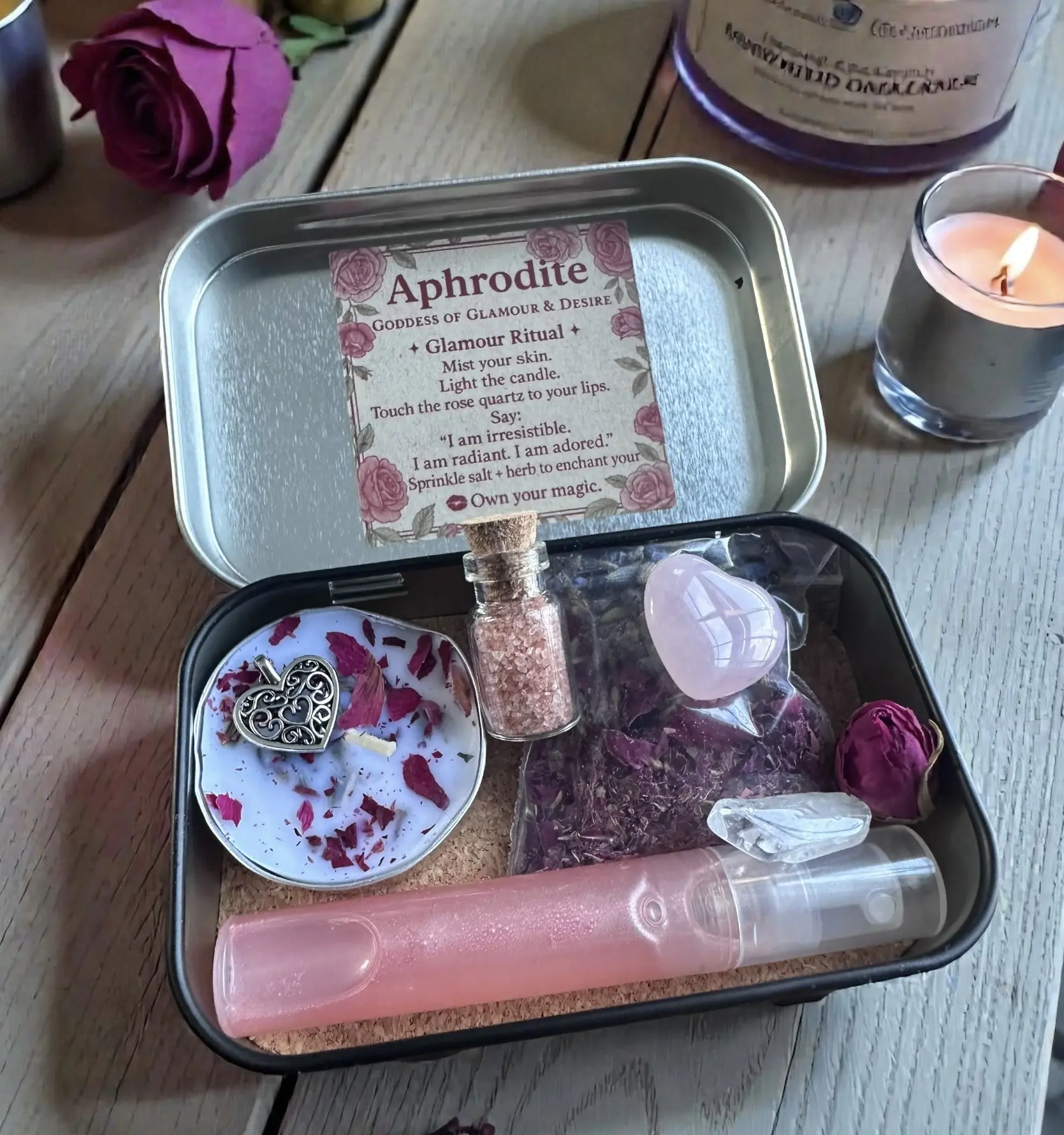Aphrodite Palm-Sized Rectangle Heart Eco-Friendly Travel Altar Tin - Witch Spell Kit with Goddess Cloth, Hand-Blended Lavender Herbs, Home Organizer Storage Supply, Gifts for Women, Romantic Attraction, Sacred Daily Reminder, Goddess Rituals