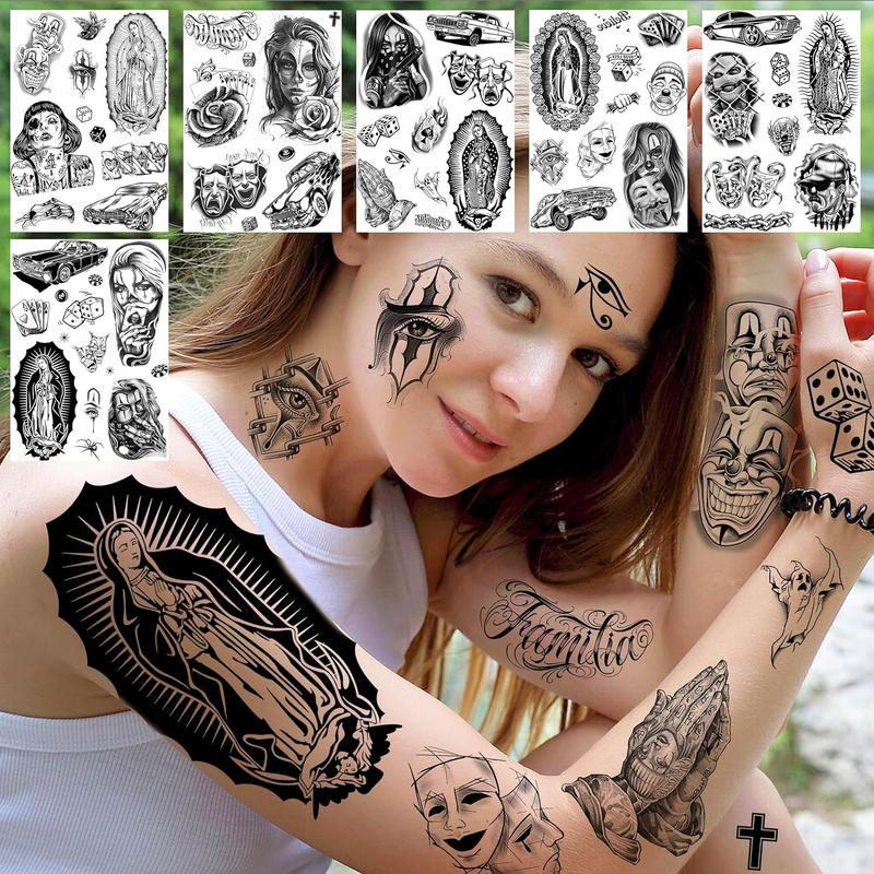 6 Sheets Large Chicano Temporary Tattoos For Men Women Adult, Chicana Guadalupe Gangster Fake Tattoos Prisoner Day of the Dead, Mexico Tattoo Stickers, Tatuajes Temporales Autocolante sticker tattoo sleeve rising sun tattoo