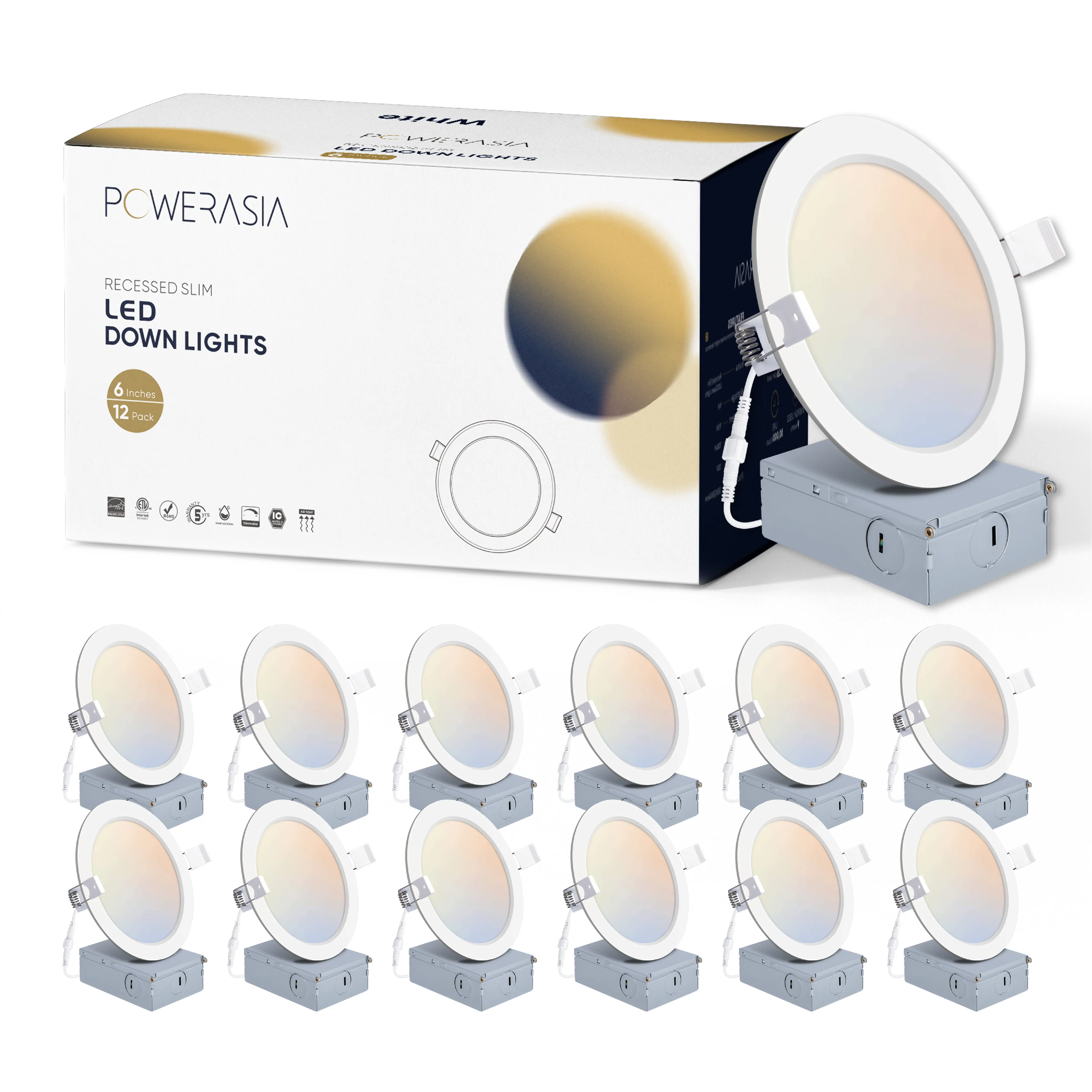 POWERASIA 12-Pack 6in Ultra-Thin Plastic LED Recessed Ceiling Medusalamp, 5CCT Dimmable Downlight Panel Pin Light, 15w 1200lm, Adjustable Modern Mood & Ambient Lighting, Wet-Area Ready for Bedroom, Living Room