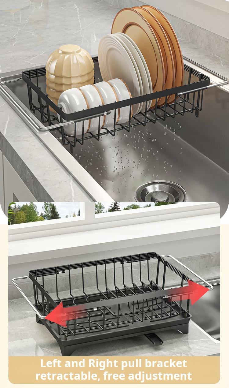 Expandable Kitchen Sink Drying Rack with Auto Drain – Adjustable Dish Rack for Countertop, Space Saving Utensil & Plate Organizer, Multi-Purpose Drying Rack for Dishes, Fruits & Kitchenware