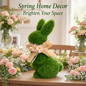 Cute Spring Bunny Statue Green Grass Texture Figurine with Pink Flower Straw Bow Easter Holiday Decor for Table and Bookcase Lovely Seasonal Gift