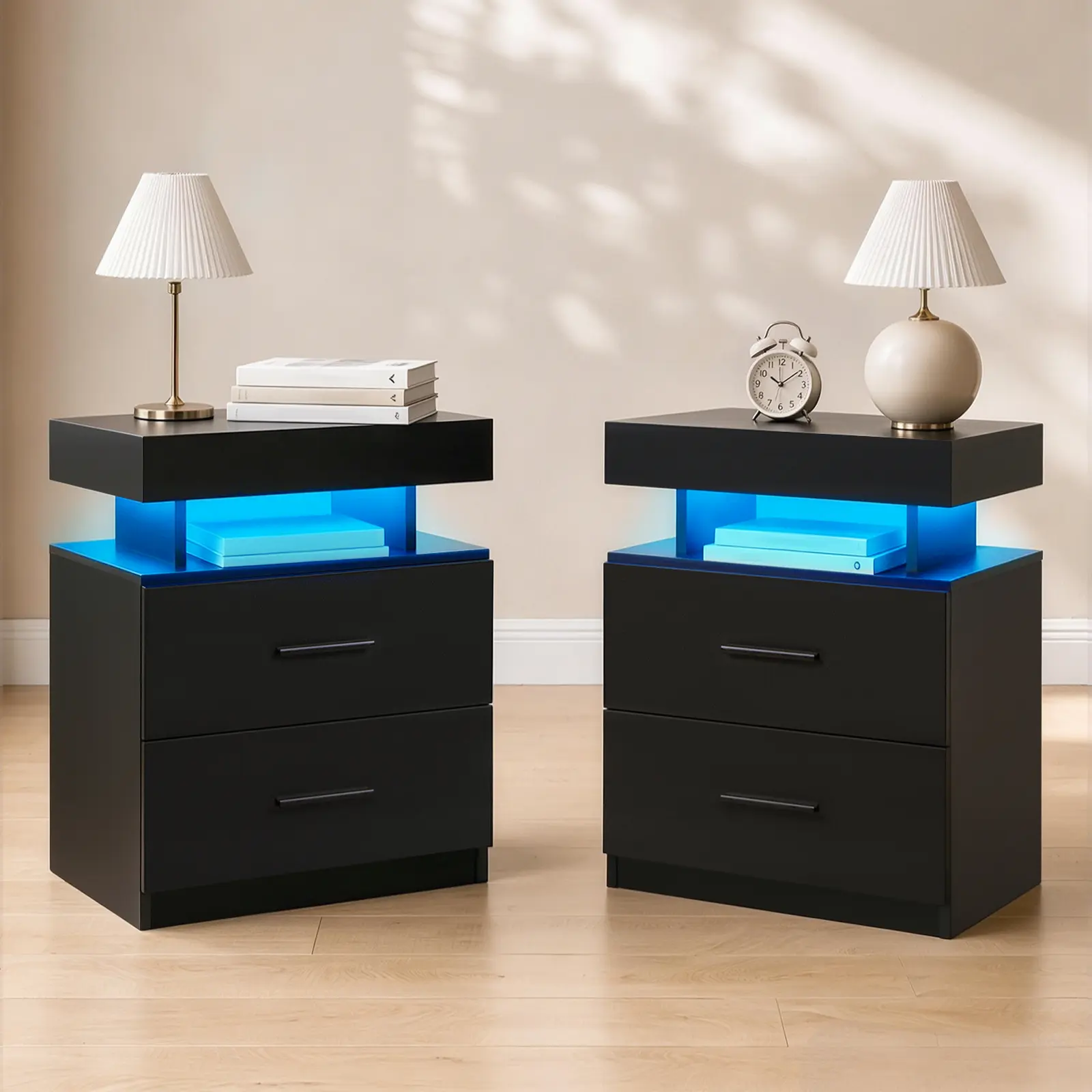 i-aplus Black LED Nightstand with 2 Fabric Drawers Modern Bedside Table with Open Storage Shelf, Bedside End Table for Bedroom,Livingroom