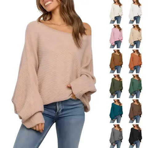 PiePieBuy Women's Oversized Crewneck Puff Sleeves Ribbed Texture Knitwear Pullover - Cute Cozy Soft Loose Slouch Fit Top for School Girls, Pairable with Leggings Jeans, Ideal for Thanksgiving, Sohochic Boat Neck Style