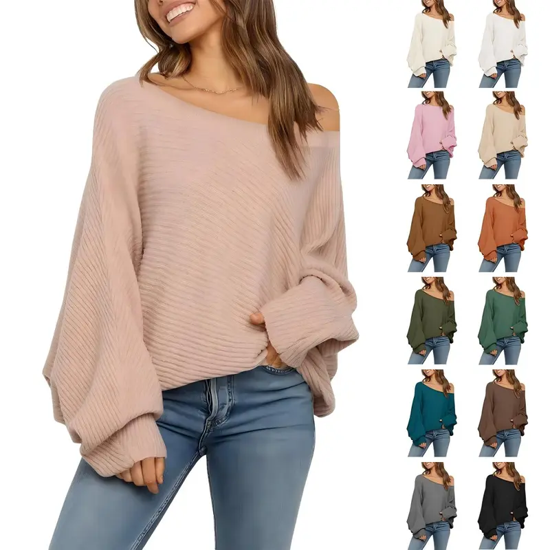 PiePieBuy Women's Oversized Crewneck Puff Sleeves Ribbed Texture Knitwear Pullover - Cute Cozy Soft Loose Slouch Fit Top for School Girls, Pairable with Leggings Jeans, Ideal for Thanksgiving, Sohochic Boat Neck Style