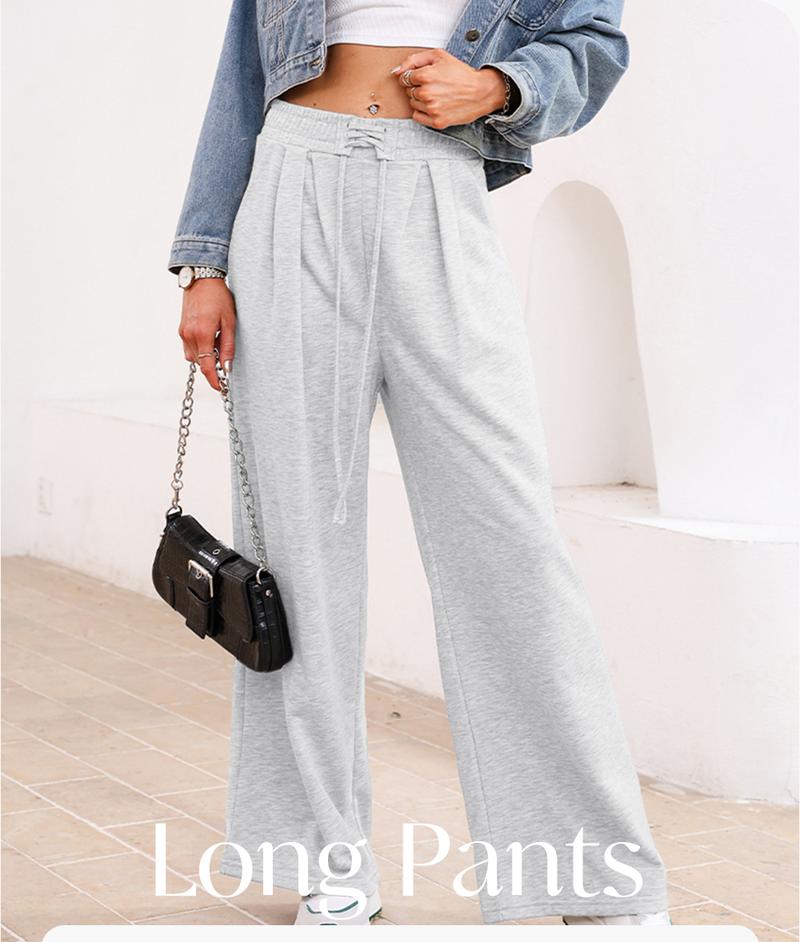 Aleumdr Wide Leg Sweatpants for Women 2026 Trendy Fashion High Waist Drawstring Loose Long Pants with Pockets Elastic Casual Womenswear Sport Athleisure Activewear Bottoms