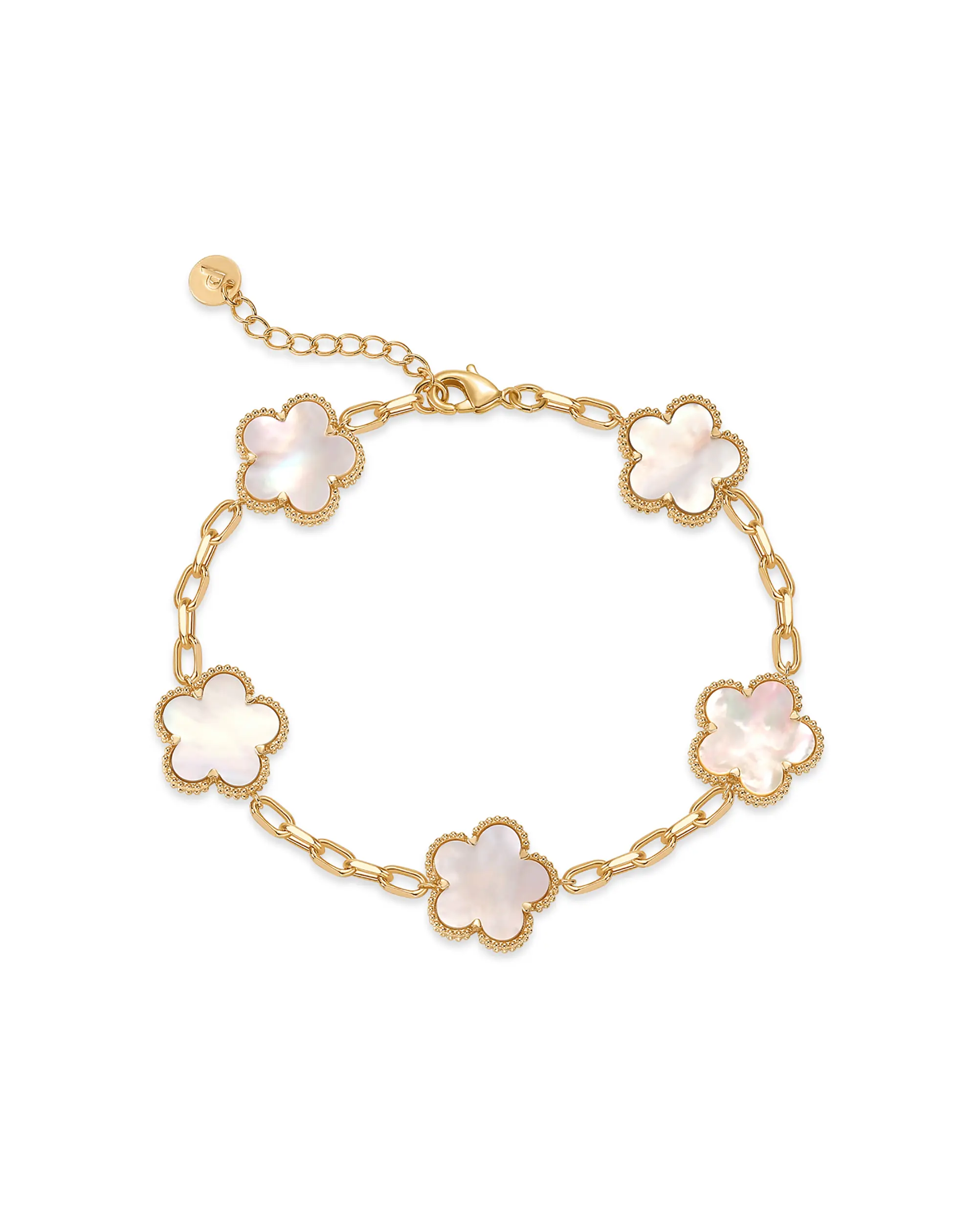 PAVOI 14K Gold Plated Clover Bracelets for Women - Flower Four Leaf Clover Bracelet - Mother of Pearl & Onyx Gemstone Lucky Flower Design - Adjustable Trendy Jewelry Gifts