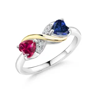 925 Sterling Silver and 10K Yellow Gold Red Created Ruby Blue Created Sapphire and Lab Grown Diamond Ring For Women (1.14 Cttw)