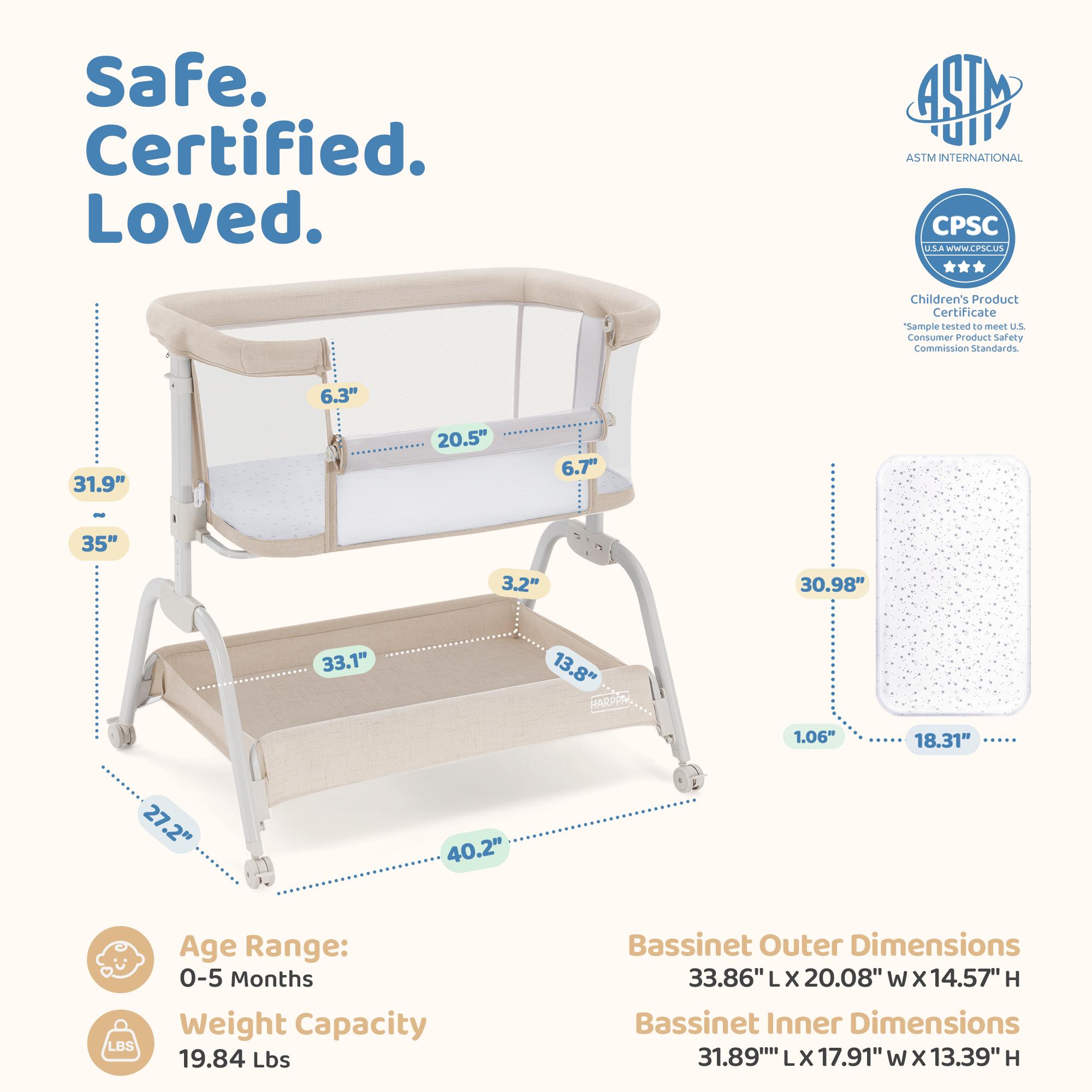 HARPPA Baby Bassinet 2-in-1 Cuddly Lite &Bedside Sleeper, storage Bassinet for Baby with Wheels & Storage Basket, Portable Crib, Breathable Mesh and Mattress, Height Adjustable