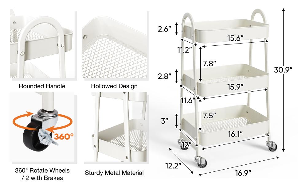 3 Tier Small Rolling Cart,Metal Utility Storage Organizer Mobile Shelving Unit with Caster Wheels for Snack Bedside Narrow Places