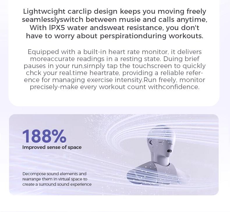 HTC NE41 Clip-On Ear Headphones ,Heart Rate Monitoring Earbuds, Blood Oxygen Monitoring Earbuds,Headphones for Music & Phone Calls, IPX5 Sport Waterproof & Sweatproof, with LCD Full Color Touch Screen, Bluetooth 6.0 Headsets, Heart Rate Health Management