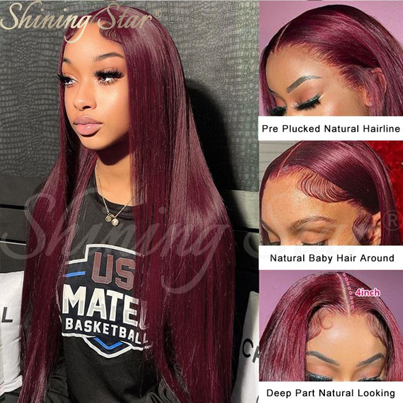 Peruvian Straight Hair Burgundy Lace Front Wig Human Hair Wigs for Women 99J Red Blonde Colored Wigs 180% Density 13*4 Human Hair Deep Part Wig on Sale