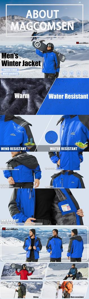 MAGCOMSEN Men's Winter Coats Water Resistant Ski Snow Jacket Warm Fleece Parka Raincoats with Multi-Pockets